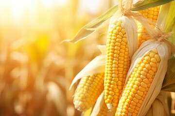 Photo of yellow corns with the kernels attached to the cob in organic corn field background  made with AI Generated