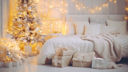 Festive Christmas Bed with White Decor and Tree for a Holiday Wedding