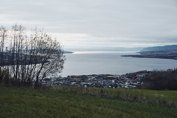 View of Lake Mjosa and the town of Gjovik, Oppland, Norway, a grey morning in late fall.