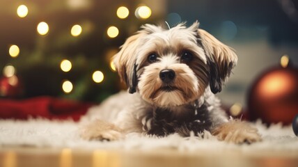 Festive Furry Friend: Adorable Small Dog Laying on Christmas Tree Carpet Background