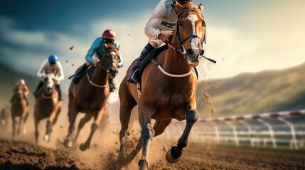 Horse racing, Horses and jockeys battling on the race track.