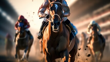 Horse racing, Horses and jockeys battling on the race track. - obrazy, fototapety, plakaty