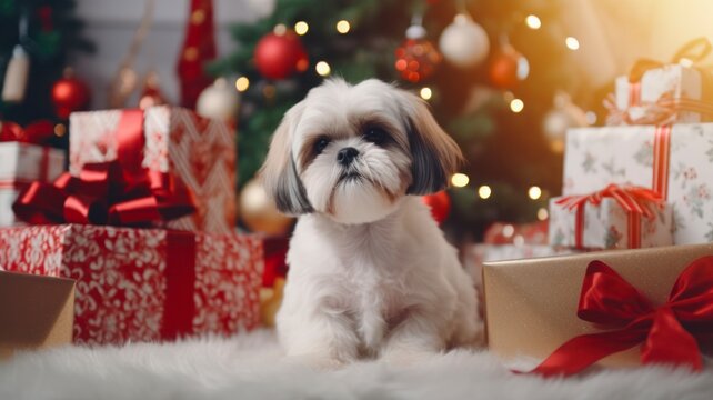 Festive Furry Friend: Tricolour Shih Tzu Pup Dressed as Santa for Christmas Celebrations