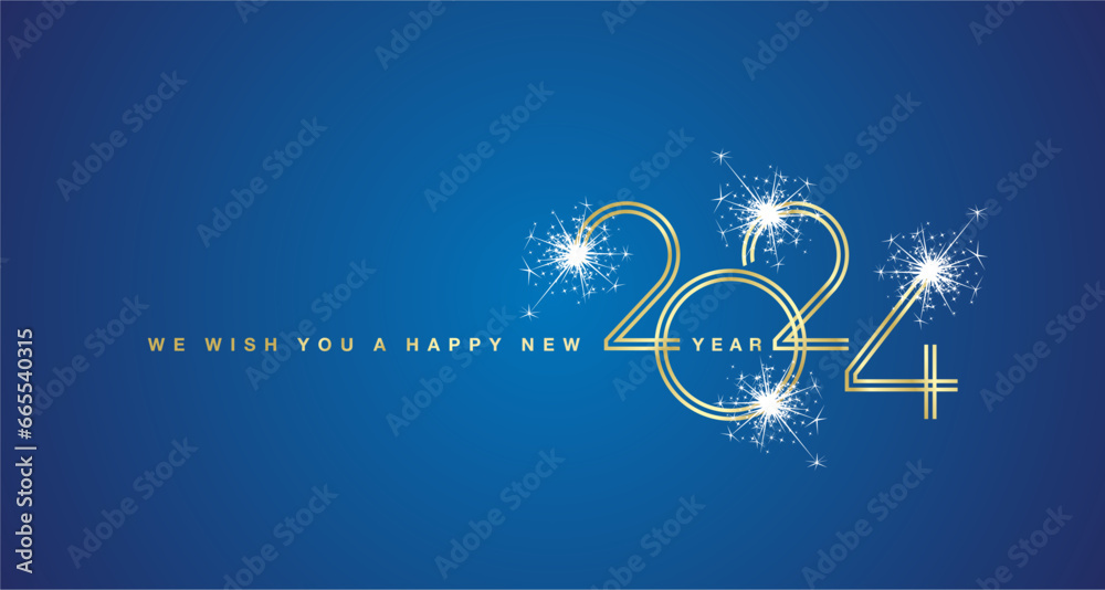 Wall mural we wish you a happy new year 2024 new golden double line design numbers with white sparkle firework 