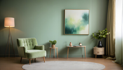 A living room with green walls and a chair
