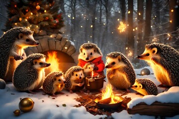 a charming scene of a family of hedgehogs singing Christmas carols around a toasty bonfire in the woods  - obrazy, fototapety, plakaty