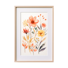 watercolor wall paintings with flowers in a wood frame isolated on transparent background Remove png, Clipping Path