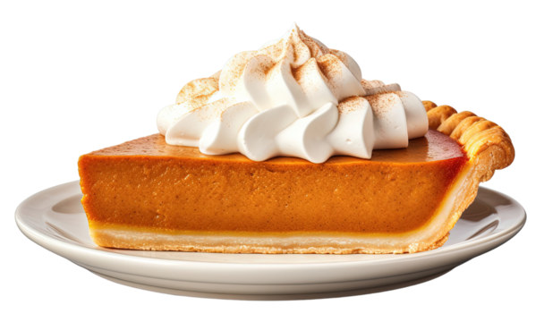 Slice of Pumpkin pie with Cream, Halloween and Thanksgiving dessert isolated on white transparent background, PNG