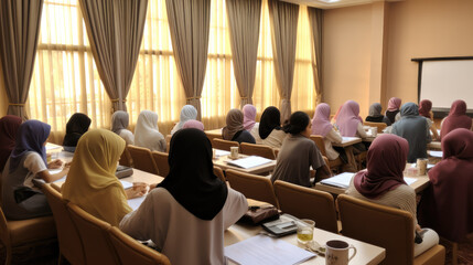 Many Muslim people receiving teaching training in meeting room.