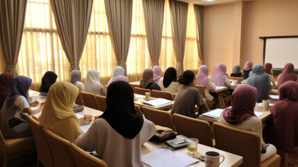 Fototapeta premium Many Muslim people receiving teaching training in meeting room.