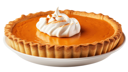 Pumpkin pie with Cream, Halloween and Thanksgiving dessert isolated on white transparent background, PNG