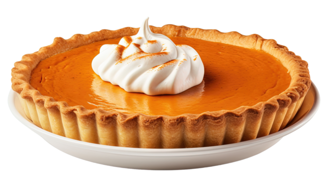 Pumpkin pie with Cream, Halloween and Thanksgiving dessert isolated on white transparent background, PNG
