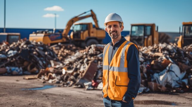 Male worker standing on front of a pile of scrap at recycling center. - Powered by Adobe