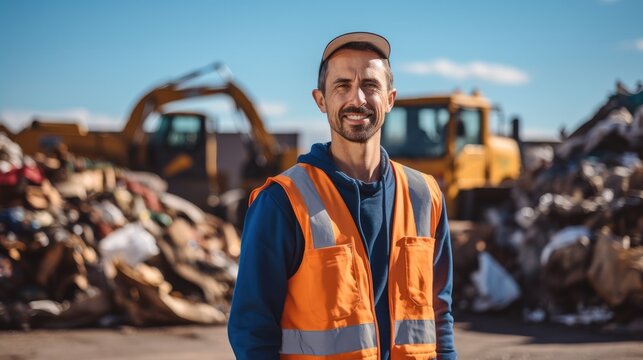 Male worker standing on front of a pile of scrap at recycling center. - Powered by Adobe
