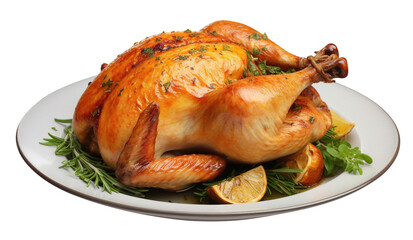 Roasted Chicken with Garnish on Plate, Halloween and Thanksgiving Grilled Chicken with Salad, Isolated on White Transparent Background, PNG