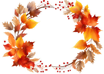 Obraz premium Round Autumn Frame with Colorful Leaves and Flowers, Halloween and Thanksgiving Illustration Art, Isolated on White or Transparent Background, PNG