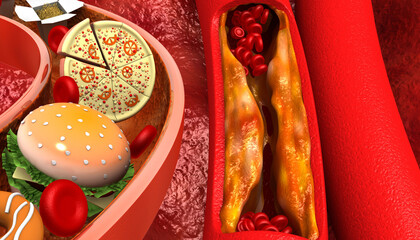 Unhealthy foods with cholesterol blocked blood vessels. 3d illustration.