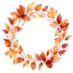Round Autumn Frame with Colorful Leaves and Flowers, Halloween and Thanksgiving Illustration Art, Isolated on White or Transparent Background, PNG