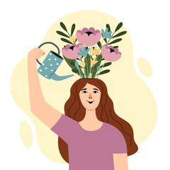 Vector illustration of a girl with flowers in her head. Mental health concept. Positive psychology and optimism, positive emotions and feelings, good mood. Happy conscious woman. Image in flat style