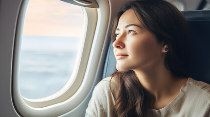 Une femme regardant le ciel depuis le hublot de l'avion