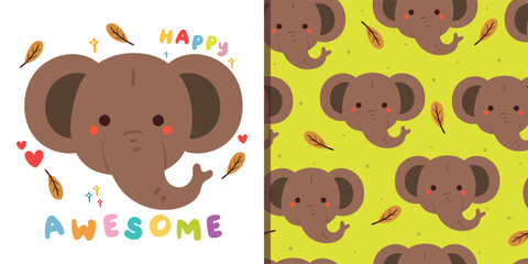 cute set of animal wallpaper and card. seamless pattern cartoon elephant and leaves. cute animal wallpaper illustration for gift wrap paper