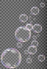 Realistic soap vector bubbles png isolated on transparent background. The effect of falling and flying bubbles. Glass bubble effect.