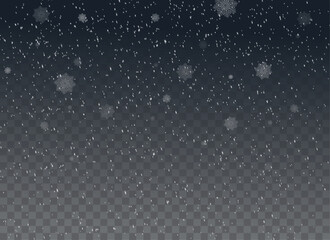 Christmas background with small falling snowflakes. Snow storm effect, blurred, cold wind with snow png. Holiday powder snow for cards, invitations, banners, advertising.