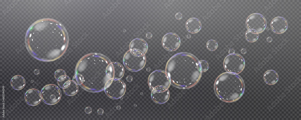 Wall mural realistic soap vector bubbles png isolated on transparent background. the effect of falling and flyi