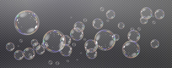 Realistic soap vector bubbles png isolated on transparent background. The effect of falling and flying bubbles. Glass bubble effect.	
 - obrazy, fototapety, plakaty