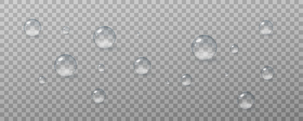 Realistic vector water drops png on a transparent light background.
Water condensation on the surface with light reflection and realistic shadow.
3d vector illustration