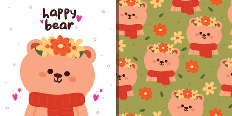 seamless pattern cartoon bear wearing scarf. cute animal wallpaper with flower illustration. cute set of animal wallpaper and card