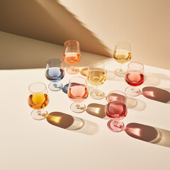 Wine glasses with different colours liquids on a beige background in sunlight