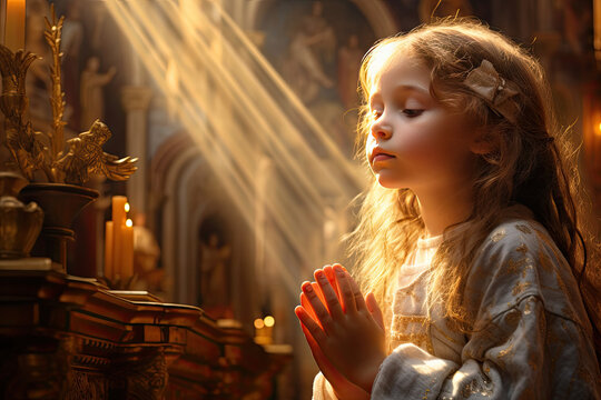beautiful young girl in white dress praying under sunlight in church