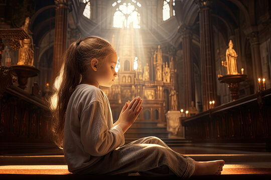 beautiful young girl in white dress praying under sunlight in church