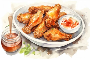 Watercolor illustration of chicken wings and dip. Generative AI