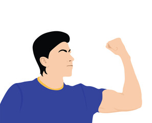 Naklejka premium Angry man in dark blue shirt is raising and clenching his fists. Vector illustration isolated on white background.