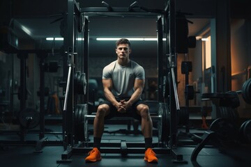 Fototapeta na wymiar Sport young man training legs in city night gym. Workout person muscle exercise facility. Generate Ai