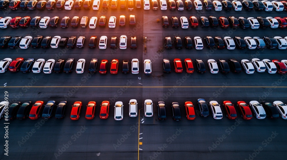 Wall mural aerial shot of a massive parking lot filled with cars - Wall murals