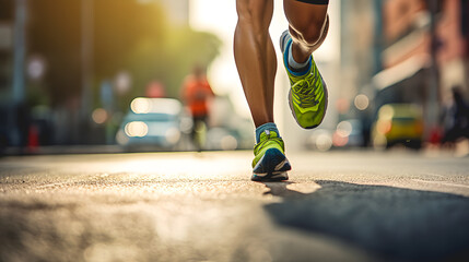Gros plan sur les jambes d'un athlète en train de faire un marathon dans les rues de New-York. - obrazy, fototapety, plakaty