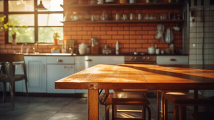 Close-up wooden table for composing an advertisement in an out of focus domestic kitchen with a window on a warm sunny morning. Copy space over the table