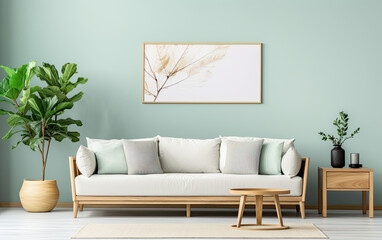 Interior Design Background ,Scandinavian, mid - century home interior design of modern living room in farmhouse. Sofa with mint pillows and wooden side tables, artwork graphic design illustration