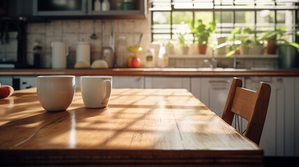 Wooden table background in domestic kitchen with cups of coffee with shadows and sunny warm morning time. Copy space for your composition