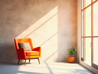 design of room , Orange fabric retro lounge chair against window near beige stucco,  Interior Design Background.