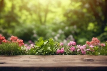 Blurred spring garden on empty wooden table. Versatile background for showcasing or combining products. Generative AI