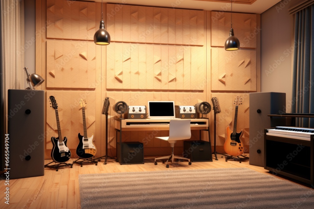 Aufkleber A room with a desk featuring speakers and a keyboard. This image can be used to showcase a modern office setup or to represent the concept of music and creativity in a workspace.