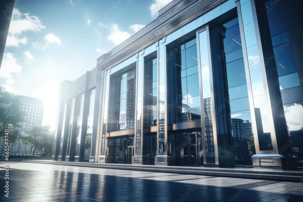 Poster a photograph of a large, contemporary office building with numerous windows. this image can be used 