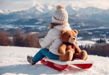 Fototapeten Сhild with toy teddy bear sits on a sled and looks at the winter snowy mountains.Winter family vacation. Christmas celebration and winter holidays. Winter fun and outdoor activities with kids © Rao Saad Ishfaq