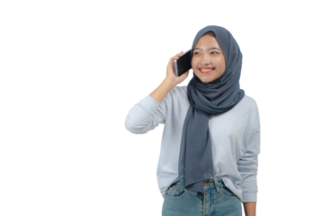 Young Asian woman in hijab holding a mobile phone and pose like making a call