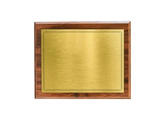 Wooden board with gold plate isolated on white background. plaque with gold overlay for text