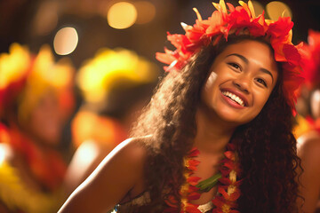 Celebrating Christmas in Hawaii. Smiling Hawaiian woman at Luau feast with flower garlands and traditional dancing.